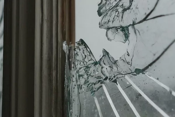 Weatherproofing Your Home Essential Tips for Glass Maintenance A close-up of a cracked window pane during a hurricane, with rain and wind blowing through the cracks.