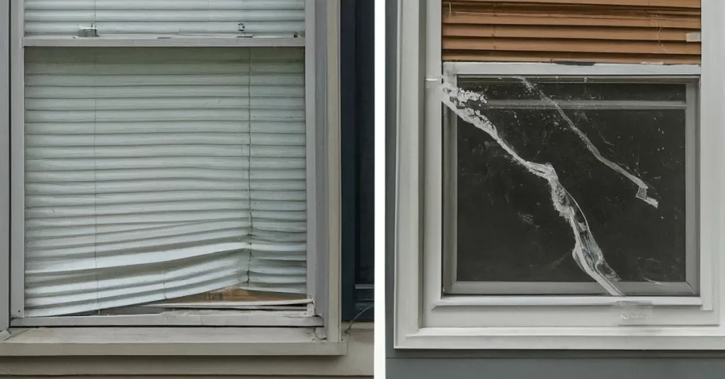 Weatherproofing Your Home Essential Tips for Glass Maintenance - A before-and-after comparison of a window: before with a hurricane shutter, and after without, during a storm