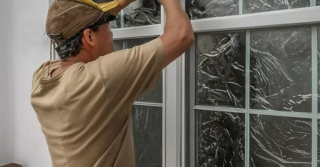 Weatherproofing Your Home Essential Tips for Glass Maintenance - A person installing hurricane-resistant film on a window.