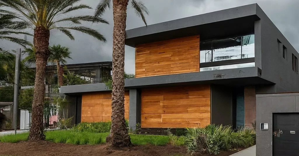A house with boarded-up windows, surrounded by palm trees and a stormy sky - Weatherproofing Your Home Essential Tips for Glass Maintenance